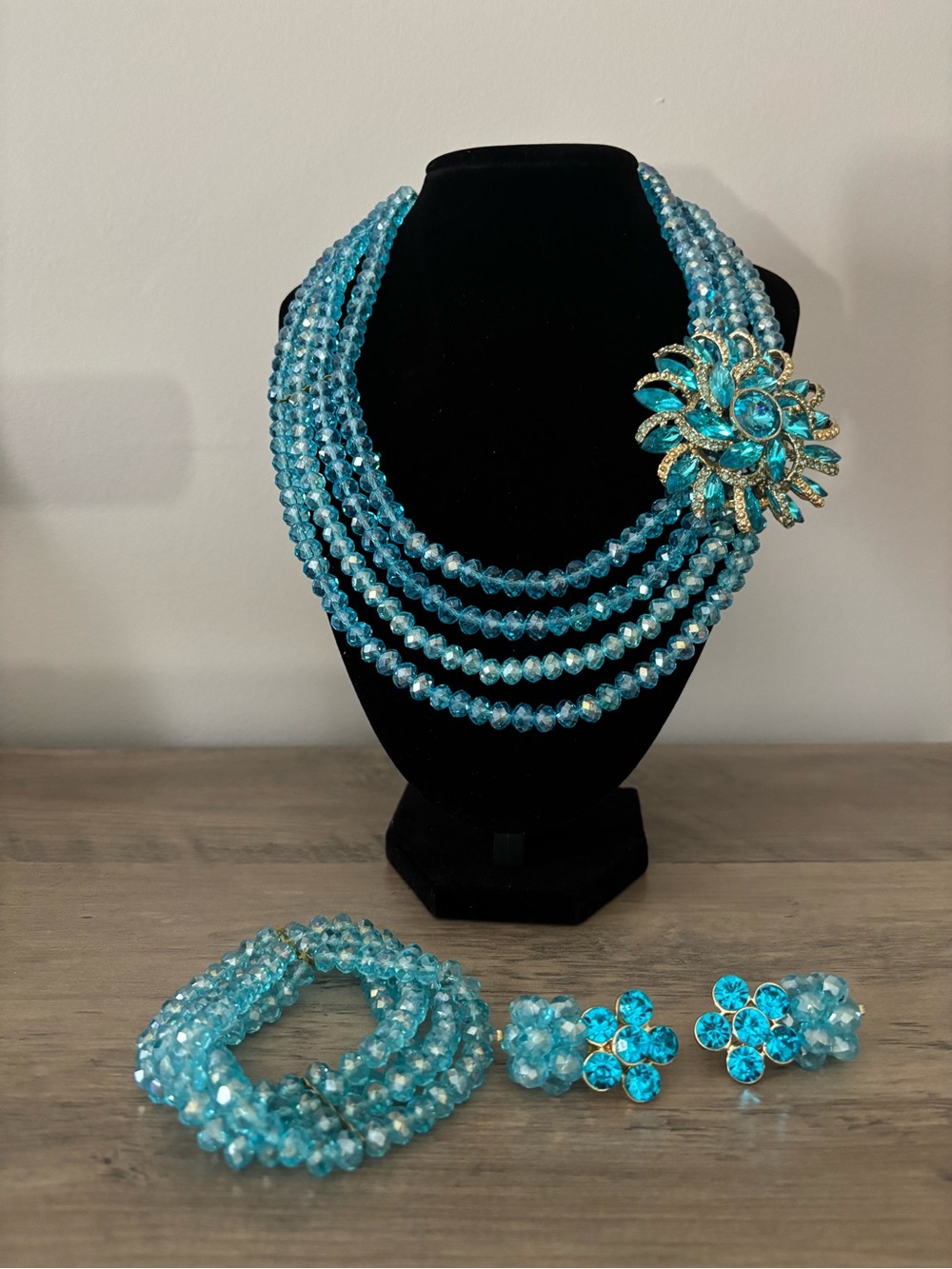 Turquoise Multi-Strand Necklace with Floral Accent, Bracelet and Earrings Set